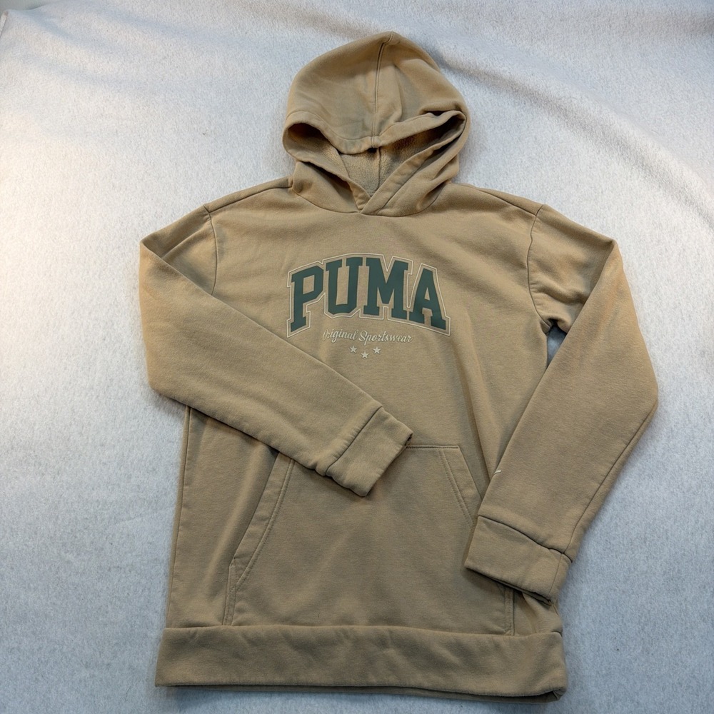 PUMA Hoodie Sweatshirt Beige Tan Pullover Logo Kangaroo Pocket Size Extra Large
